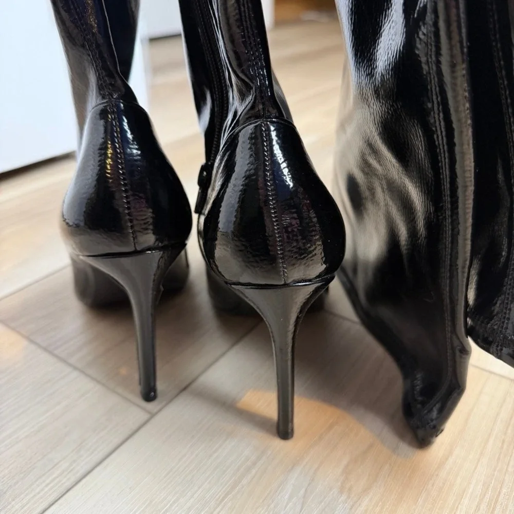 INC Over The Knee Boots 8.5 Black Patent Stiletto Heel‎ Square Toe Thigh High